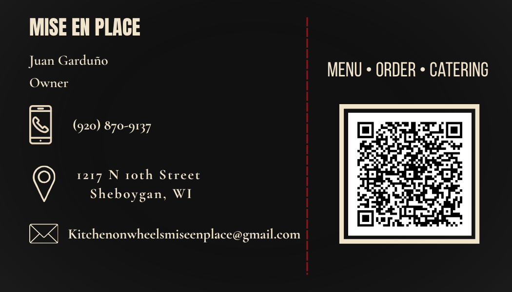 Mise en Place business card, contact info and order QR code side