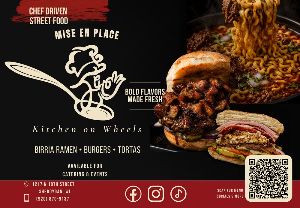 Mise en Place promotional flyer with logo, tagline and menu highlights