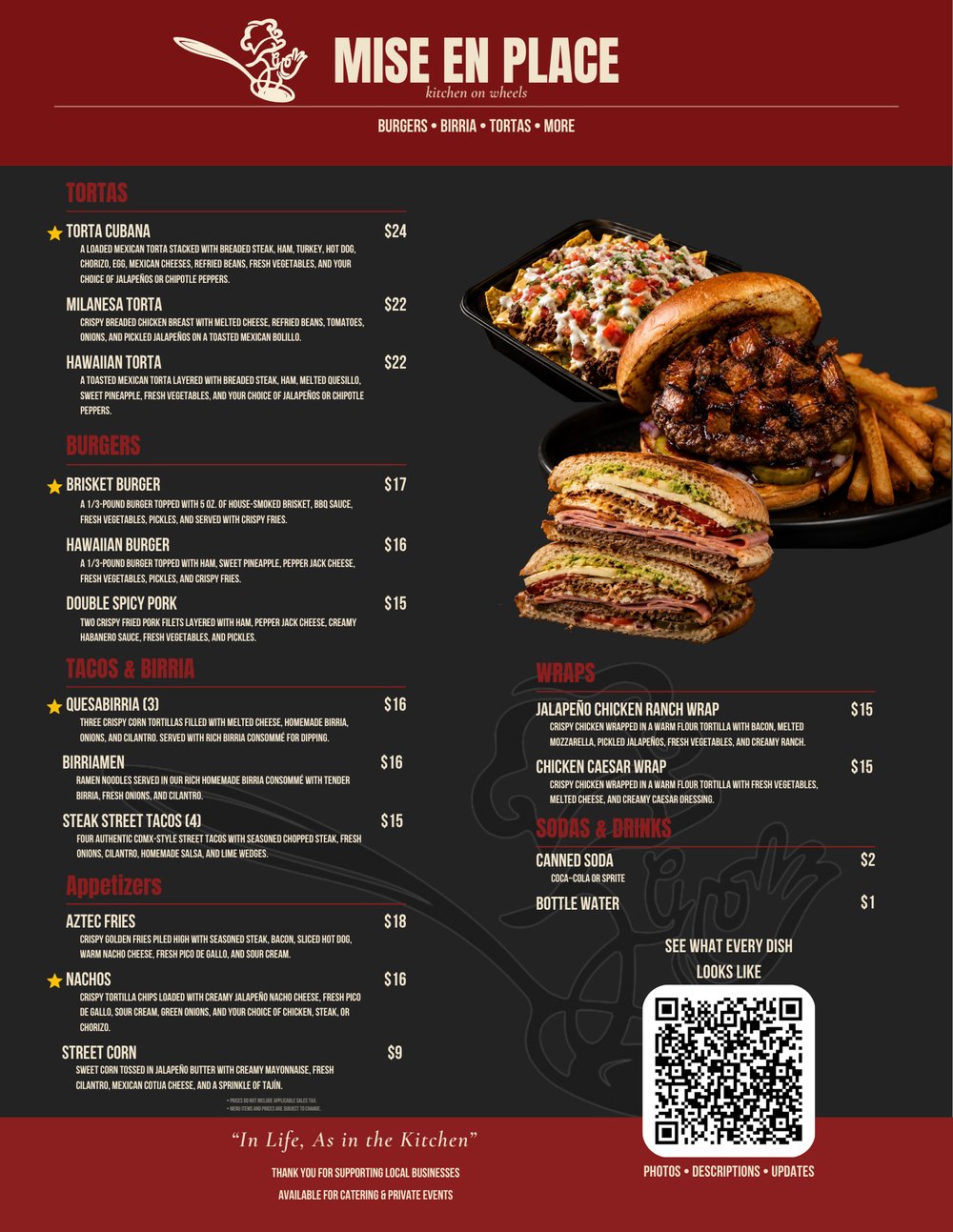 Mise en Place printed menu, organized by tortas, burgers, tacos and birria, appetizers, wraps and drinks